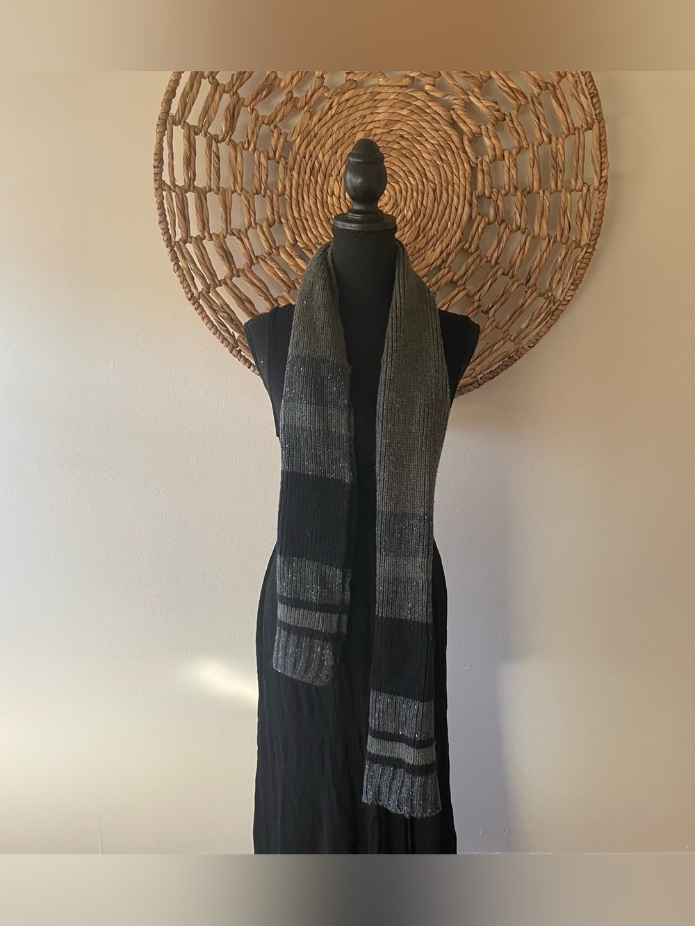 Vintage Handmade  Black and Gray Knit Scarf